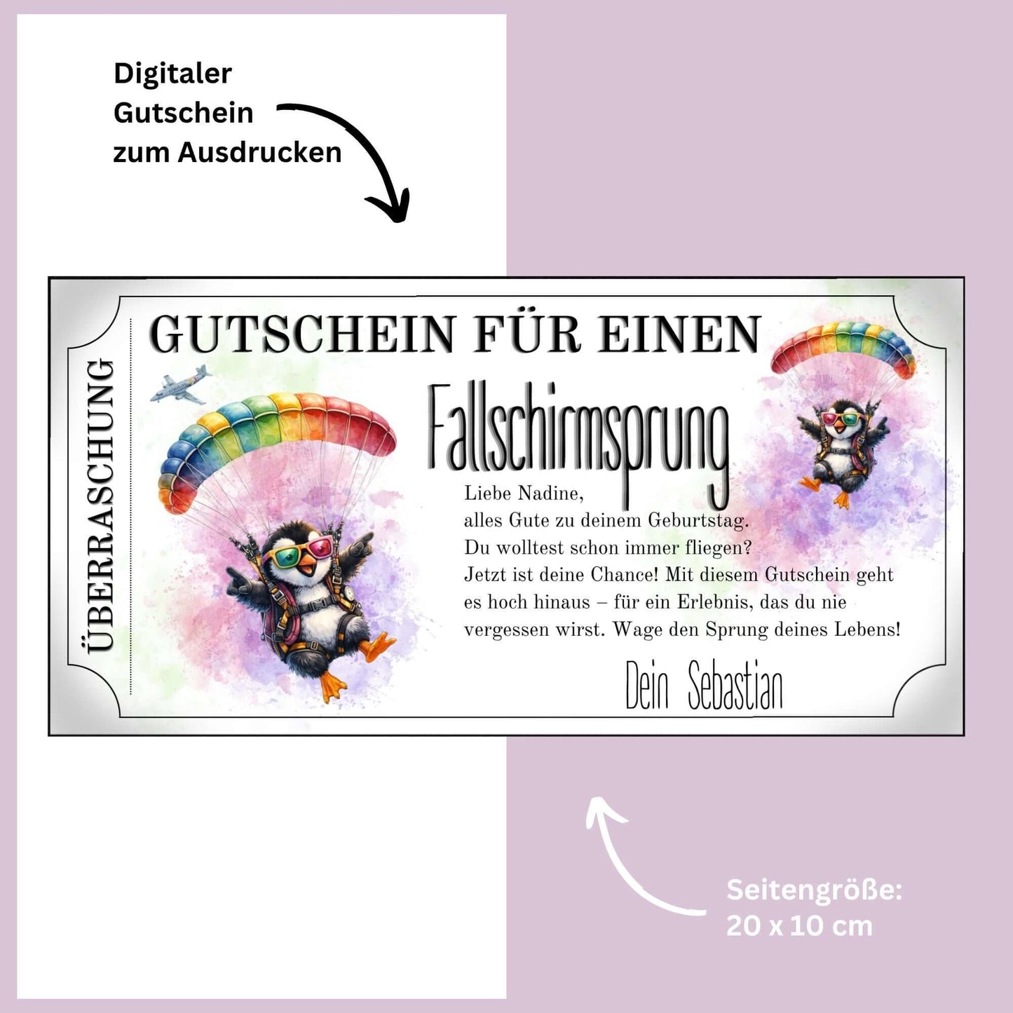 Gutschein Vorlage Fallschirmsprung witzig mit Pinguin in Sprungausrüstung im Ticket-Design