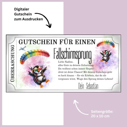 Gutschein Vorlage Fallschirmsprung witzig mit Pinguin in Sprungausrüstung im Ticket-Design