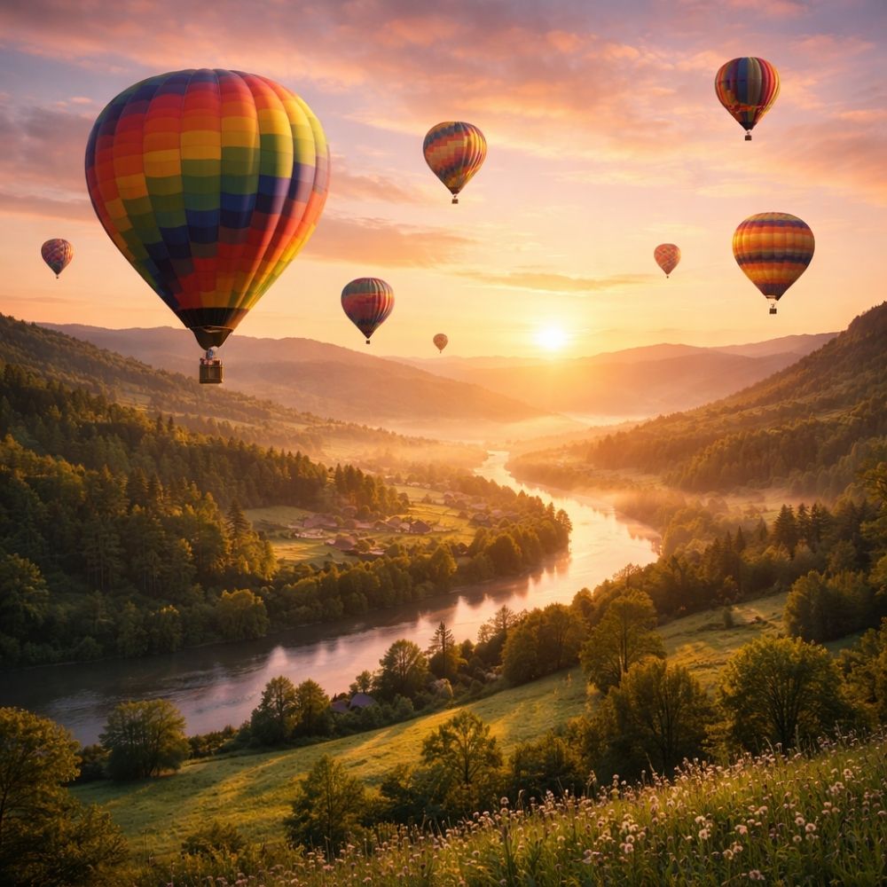 Bunte Heißluftballons schweben über grüne Hügellandschaft bei Sonnenaufgang – traumhaftes Motiv für einen Wochenendtrip Gutschein selbst gestalten
