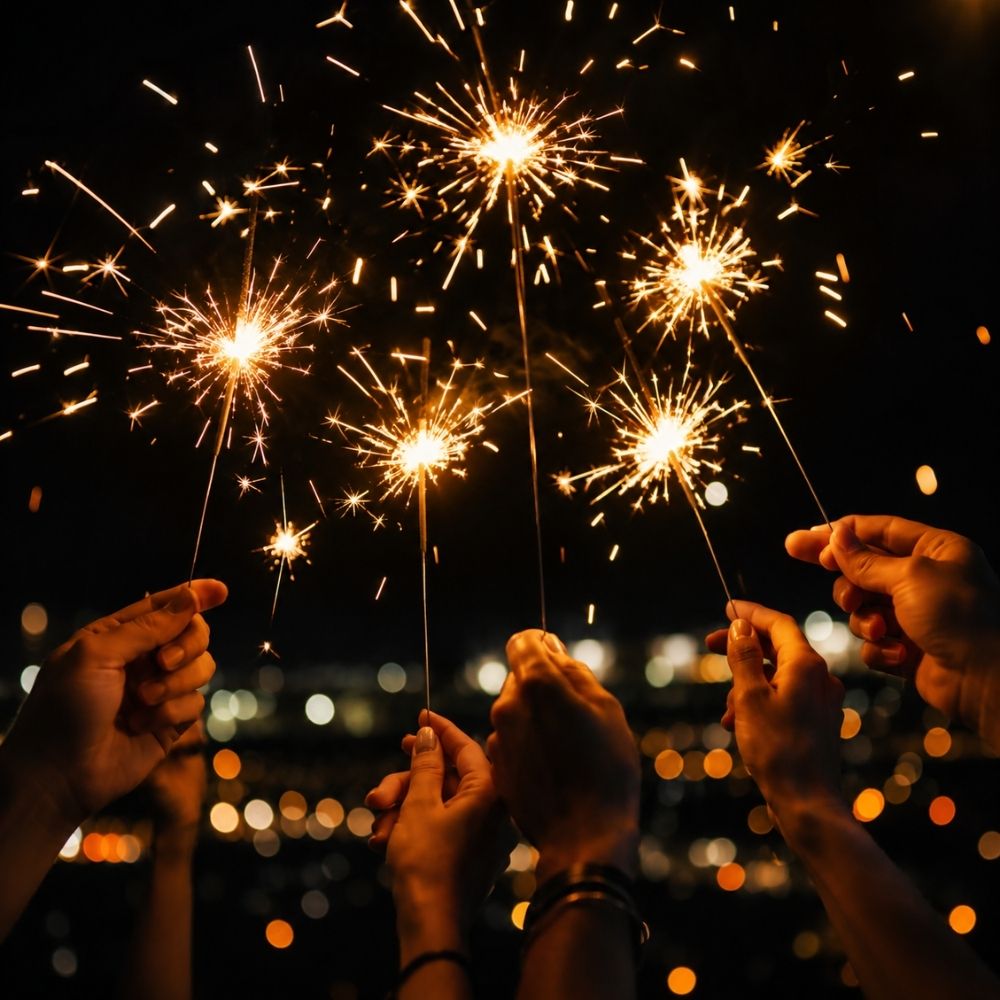 Langzeitbelichtung funkelnder Wunderkerzen vor dunklem Nachthimmel – magische digitale Silvester-Einladungskarte