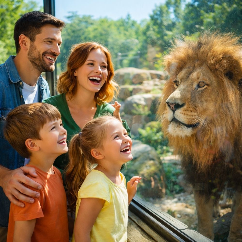 Familie mit Kindern bestaunen Löwen im Zoo – Zoobesuch Gutschein zum Ausdrucken
